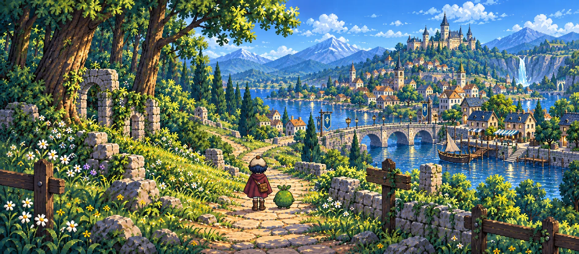 旅人と緑の仲間が、川沿いの町へ続く道に立つドット絵